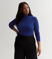 New Look Curves Bright Blue Knit Roll Neck Long Sleeve Button Top